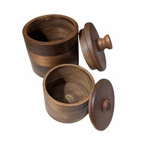 VTG Mid Century Modern Turned Wood Lidded Canister Set • Teak/Walnut Boho